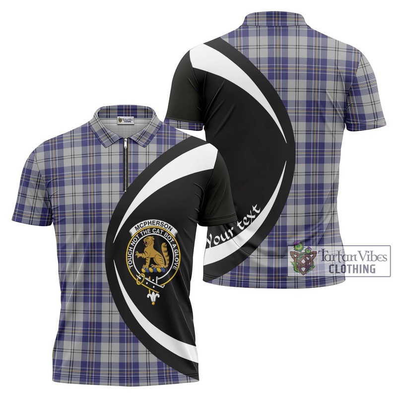 McPherson Dress Blue Tartan Zipper Polo Shirt with Family Crest Circle Style