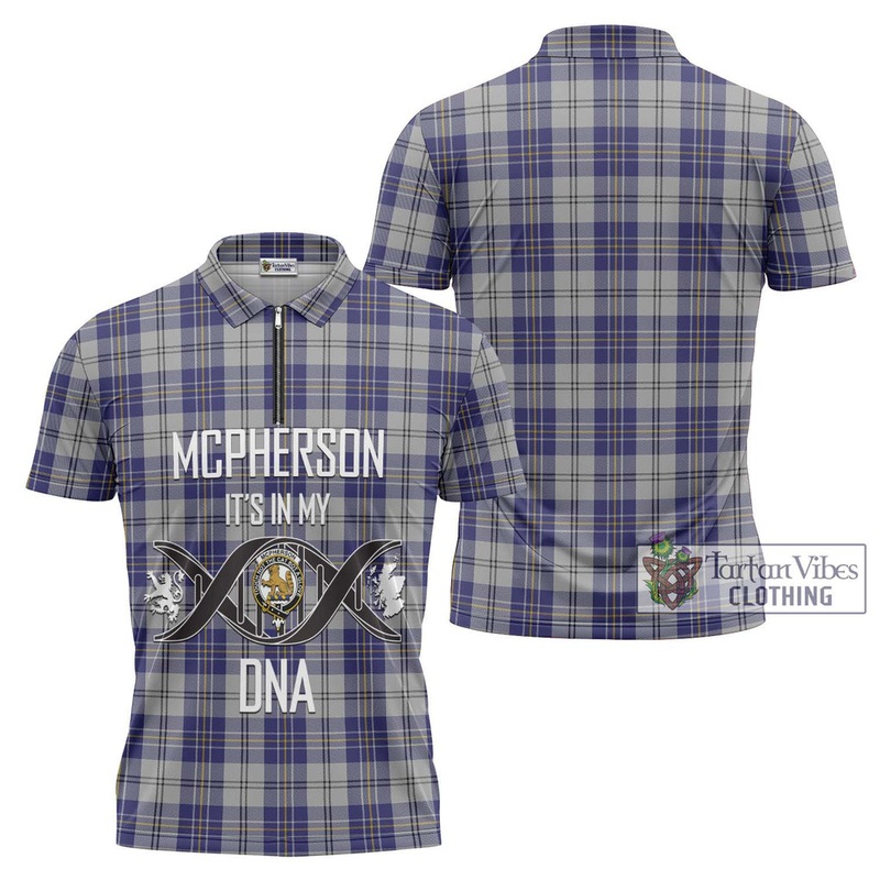 McPherson Dress Blue Tartan Zipper Polo Shirt with Family Crest DNA In Me Style