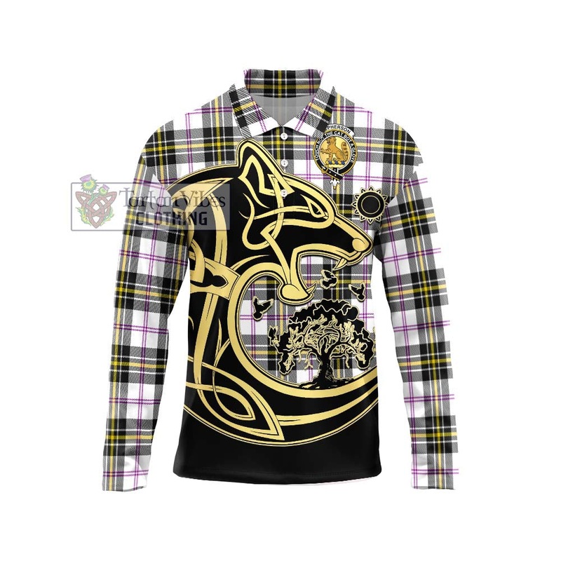 McPherson Dress Modern Tartan Long Sleeve Polo Shirt with Family Crest Celtic Wolf Style