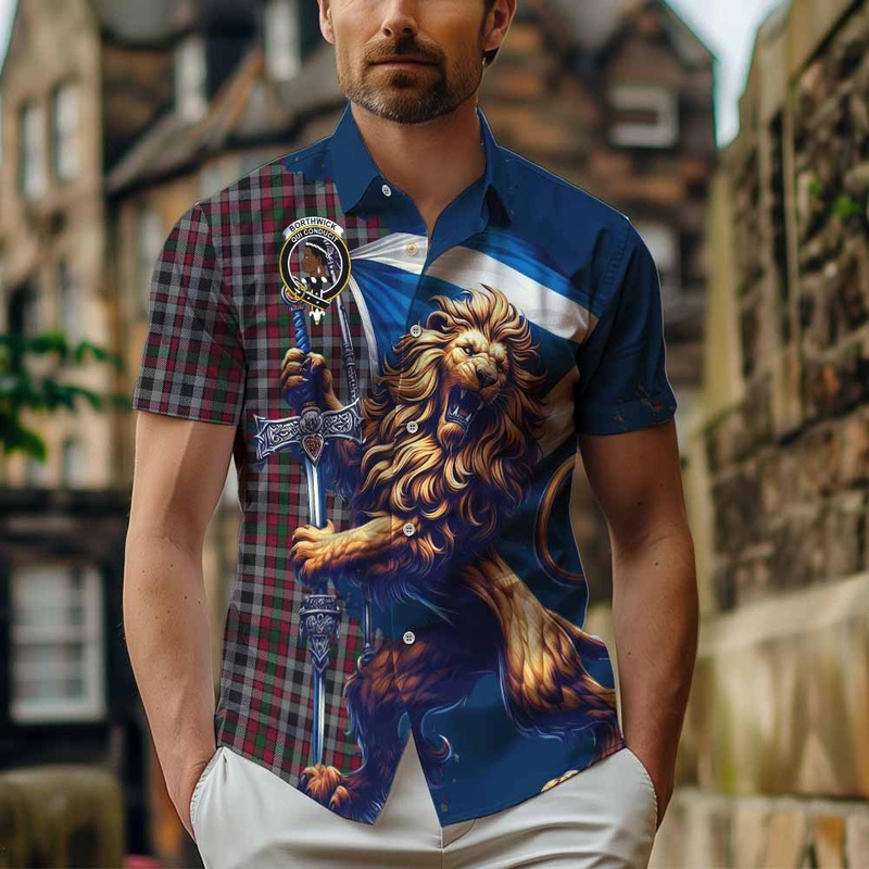 Borthwick Tartan Family Crest Short Sleeve Button Shirt with Scottish Majestic Lion