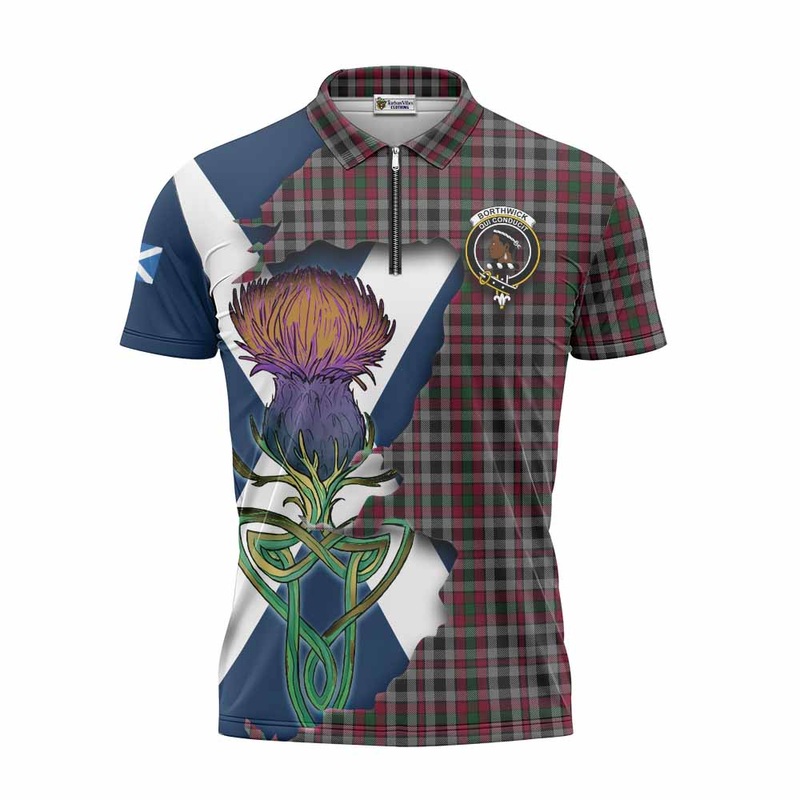 Borthwick Tartan Family Crest Zipper Polo Shirt Scottish Thistle Celtic Inspired