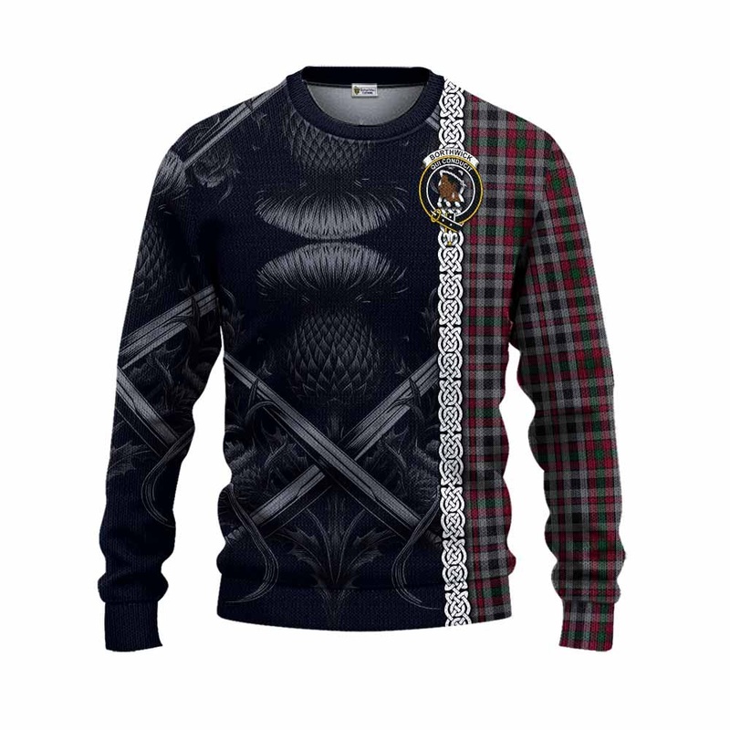 Borthwick Tartan Knitted Sweater with Family Crest Cross Sword Thistle Celtic Vibes