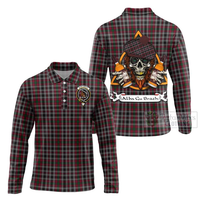 Borthwick Tartan Long Sleeve Polo Shirt with Family Crest and Bearded Skull Holding Bottles of Whiskey