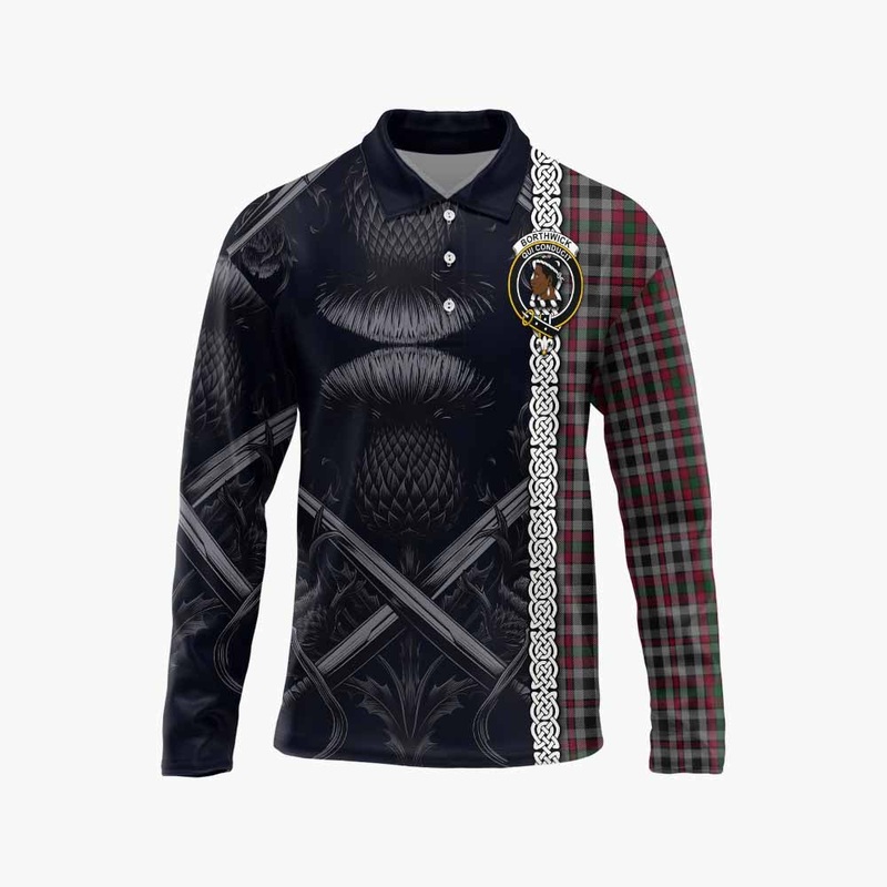 Borthwick Tartan Long Sleeve Polo Shirt with Family Crest Cross Sword Thistle Celtic Vibes