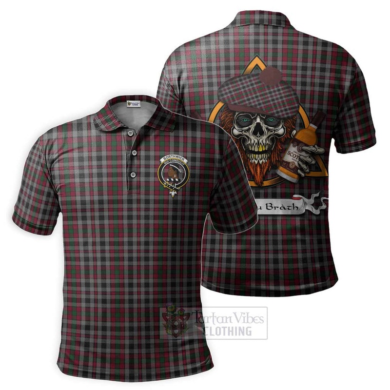 Borthwick Tartan Polo Shirt with Family Crest and Bearded Skull Holding Bottles of Whiskey