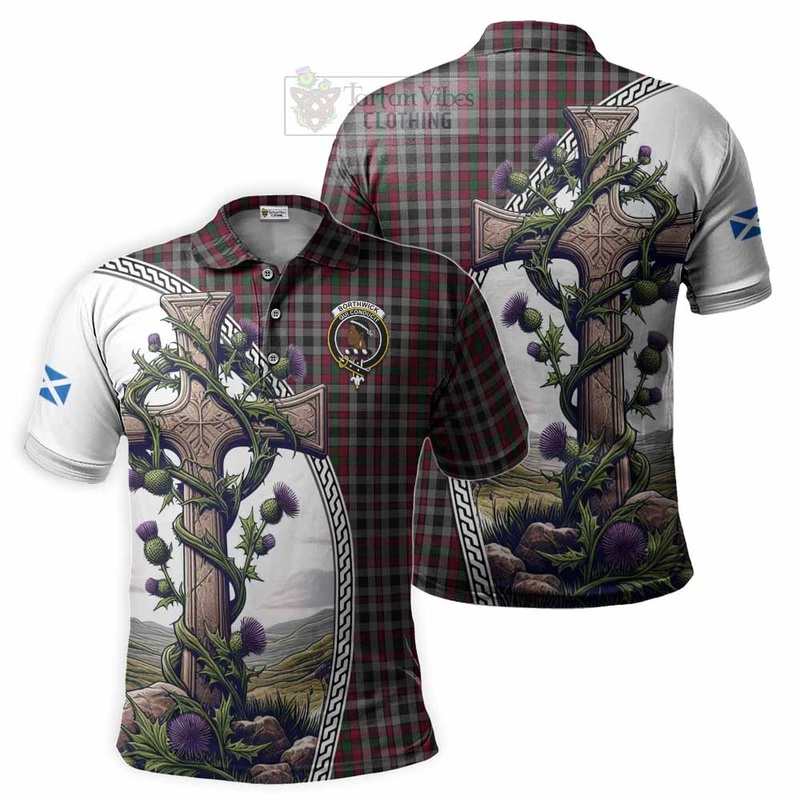 Borthwick Tartan Polo Shirt with Family Crest and St. Andrew's Cross Accented by Thistle Vines