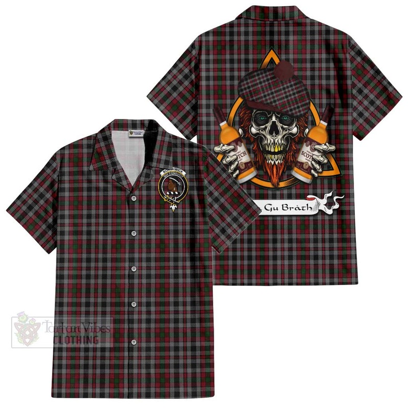 Borthwick Tartan Short Sleeve Button Shirt with Family Crest and Bearded Skull Holding Bottles of Whiskey