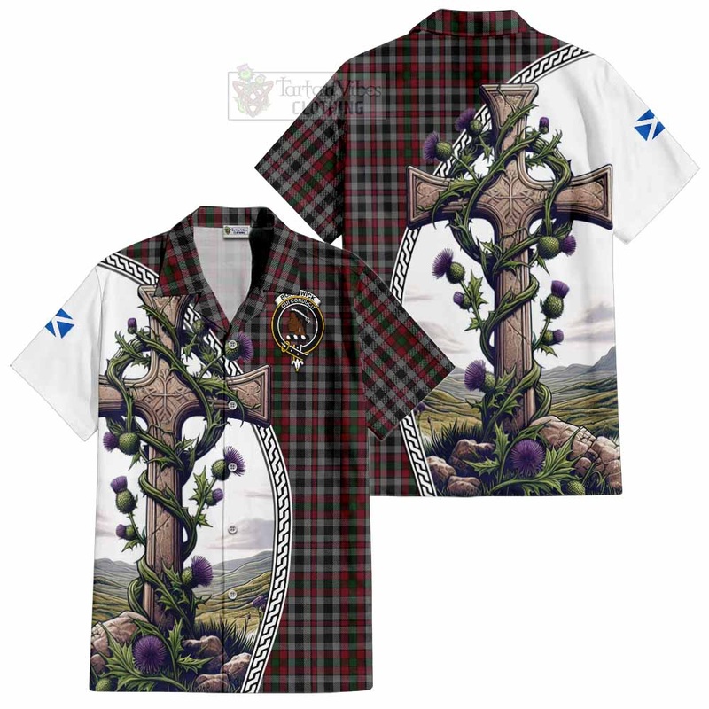 Borthwick Tartan Short Sleeve Button Shirt with Family Crest and St. Andrew's Cross Accented by Thistle Vines