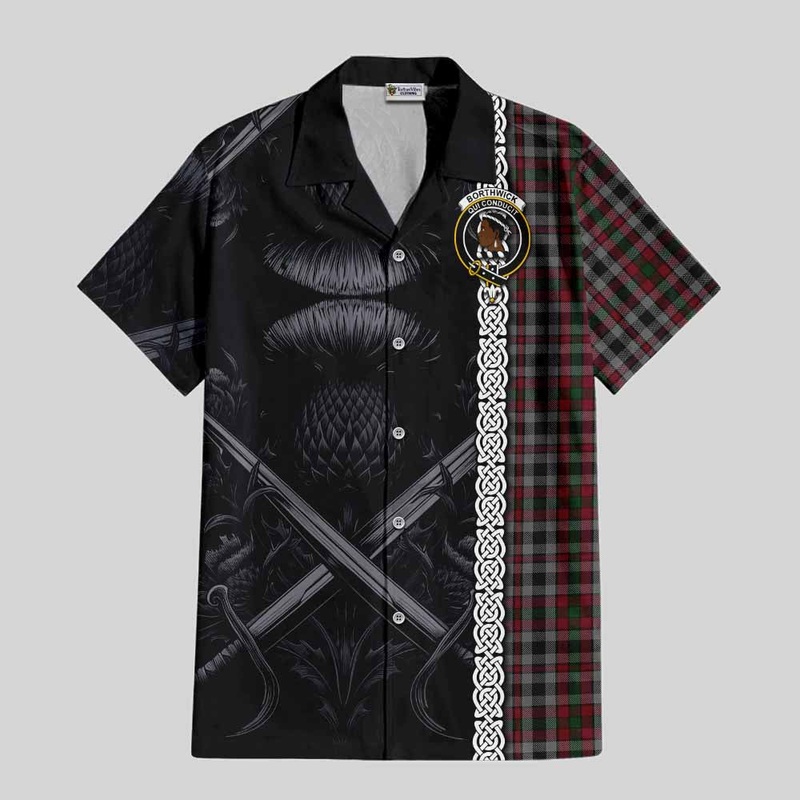 Borthwick Tartan Short Sleeve Button Shirt with Family Crest Cross Sword Thistle Celtic Vibes