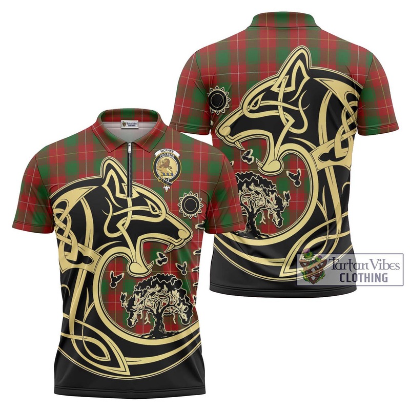 McPhee Tartan Zipper Polo Shirt with Family Crest Celtic Wolf Style