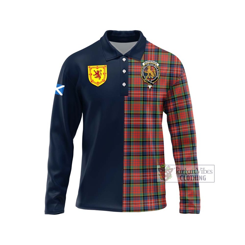 McPherson Ancient Tartan Long Sleeve Polo Shirt Alba with Scottish Lion Royal Arm Half Style