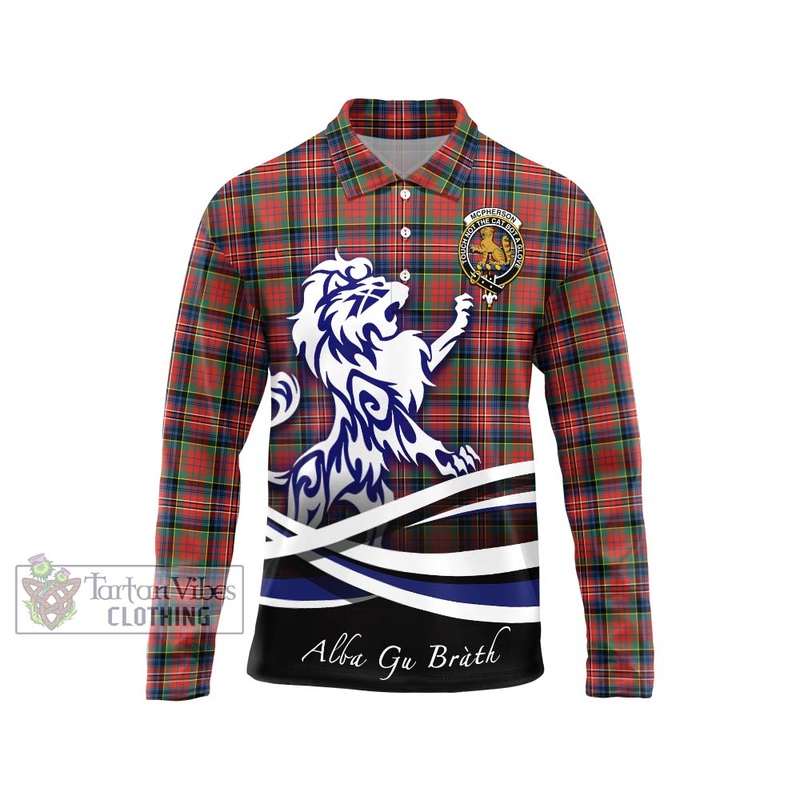 McPherson Ancient Tartan Long Sleeve Polo Shirt with Alba Gu Brath Regal Lion Emblem