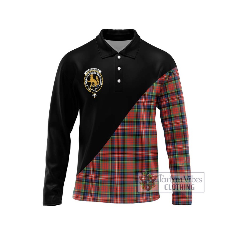 McPherson Ancient Tartan Long Sleeve Polo Shirt with Family Crest and Military Logo Style
