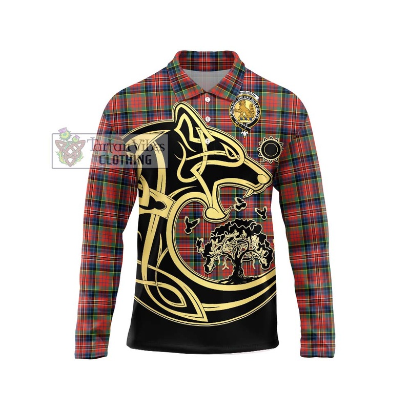 McPherson Ancient Tartan Long Sleeve Polo Shirt with Family Crest Celtic Wolf Style