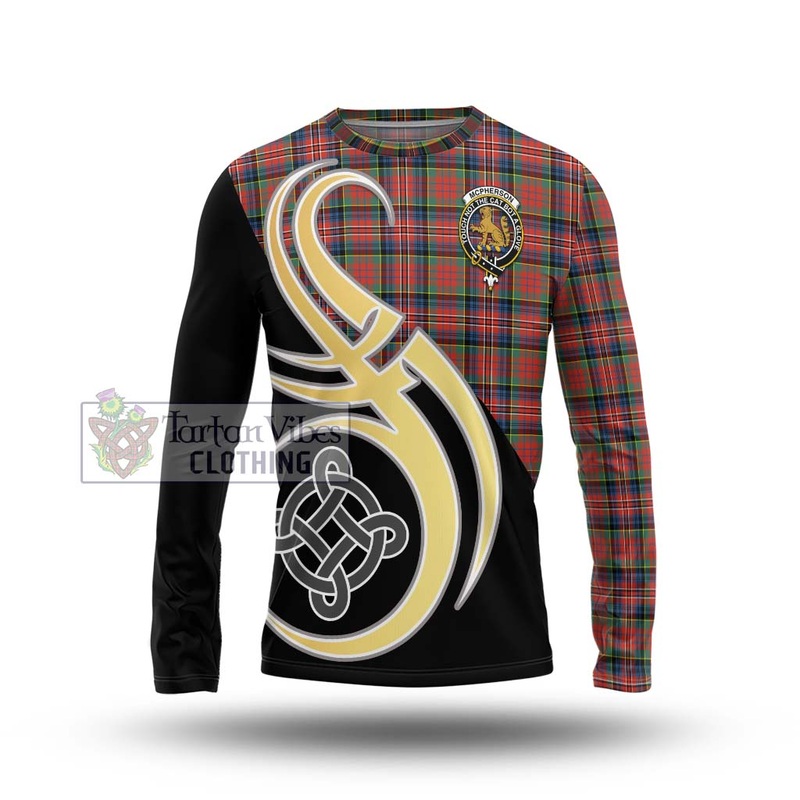 McPherson Ancient Tartan Long Sleeve T-Shirt with Family Crest and Celtic Symbol Style