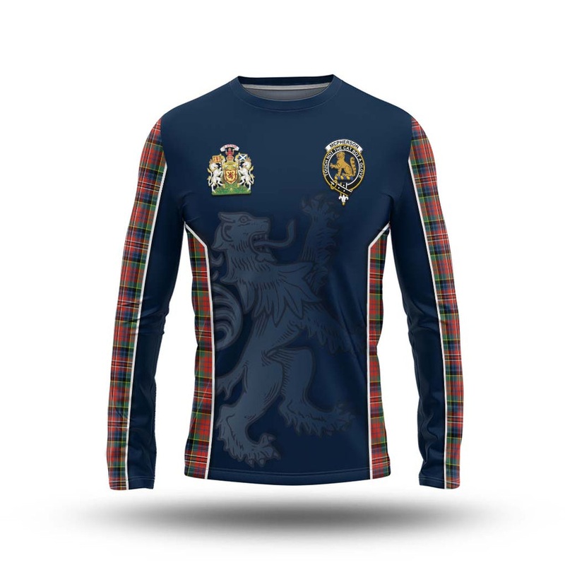 McPherson Ancient Tartan Long Sleeve T-Shirt with Family Crest and Lion Rampant Vibes Sport Style