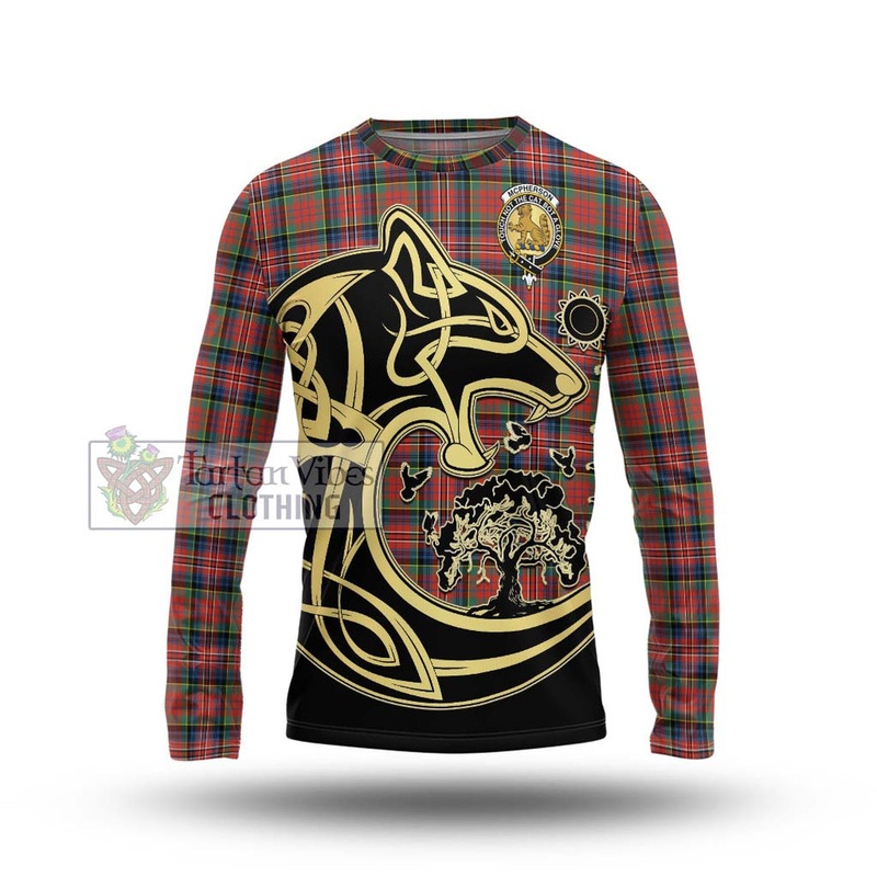 McPherson Ancient Tartan Long Sleeve T-Shirt with Family Crest Celtic Wolf Style