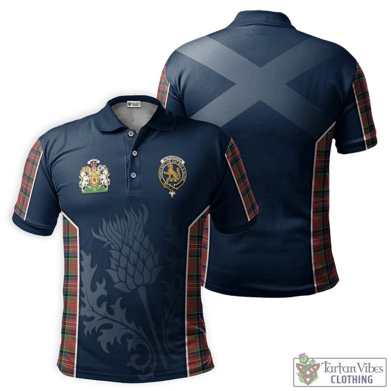 McPherson Ancient Tartan Men's Polo Shirt with Family Crest and Scottish Thistle Vibes Sport Style