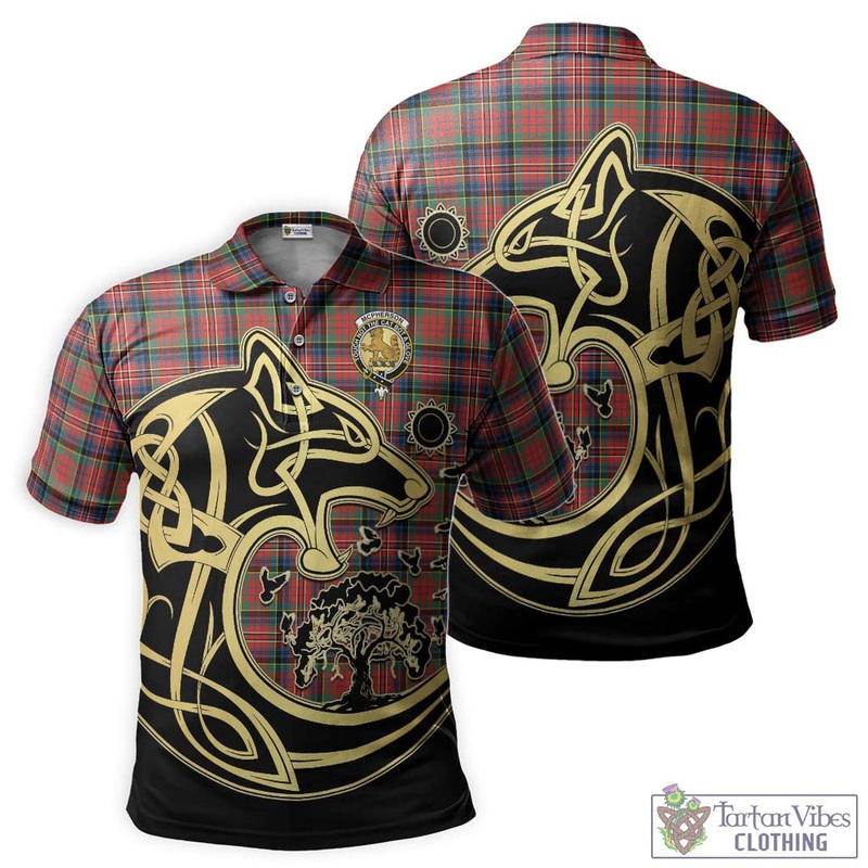 McPherson Ancient Tartan Polo Shirt with Family Crest Celtic Wolf Style