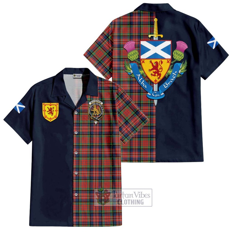 McPherson Ancient Tartan Short Sleeve Button Shirt Alba with Scottish Lion Royal Arm Half Style