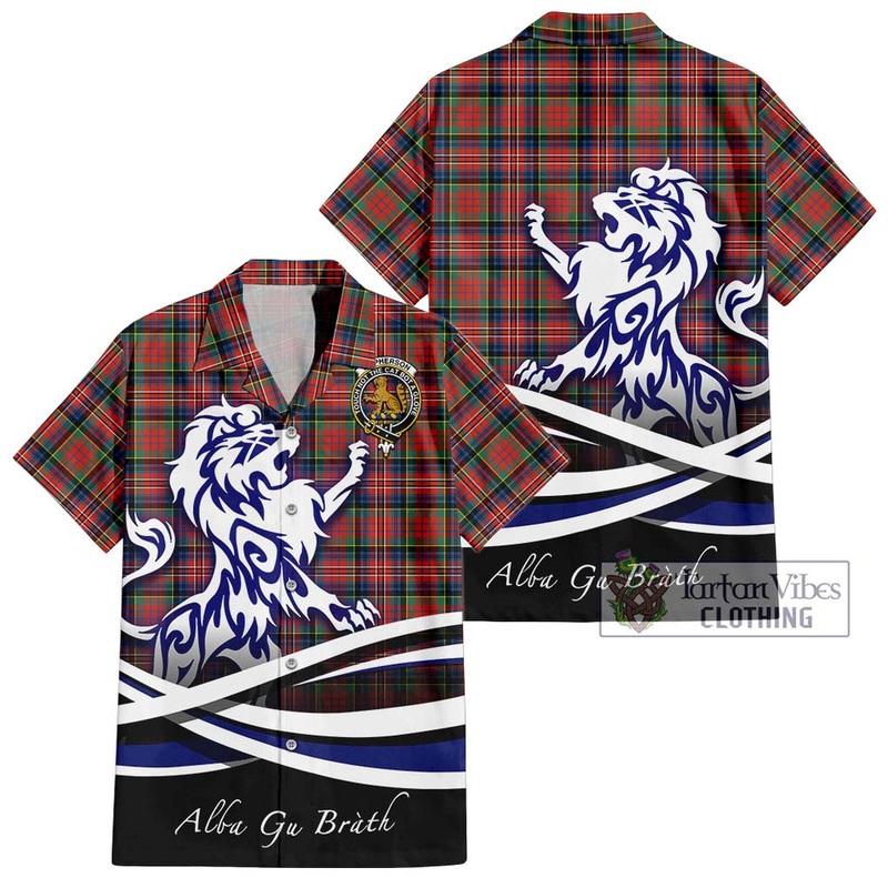 McPherson Ancient Tartan Short Sleeve Button Shirt with Alba Gu Brath Regal Lion Emblem
