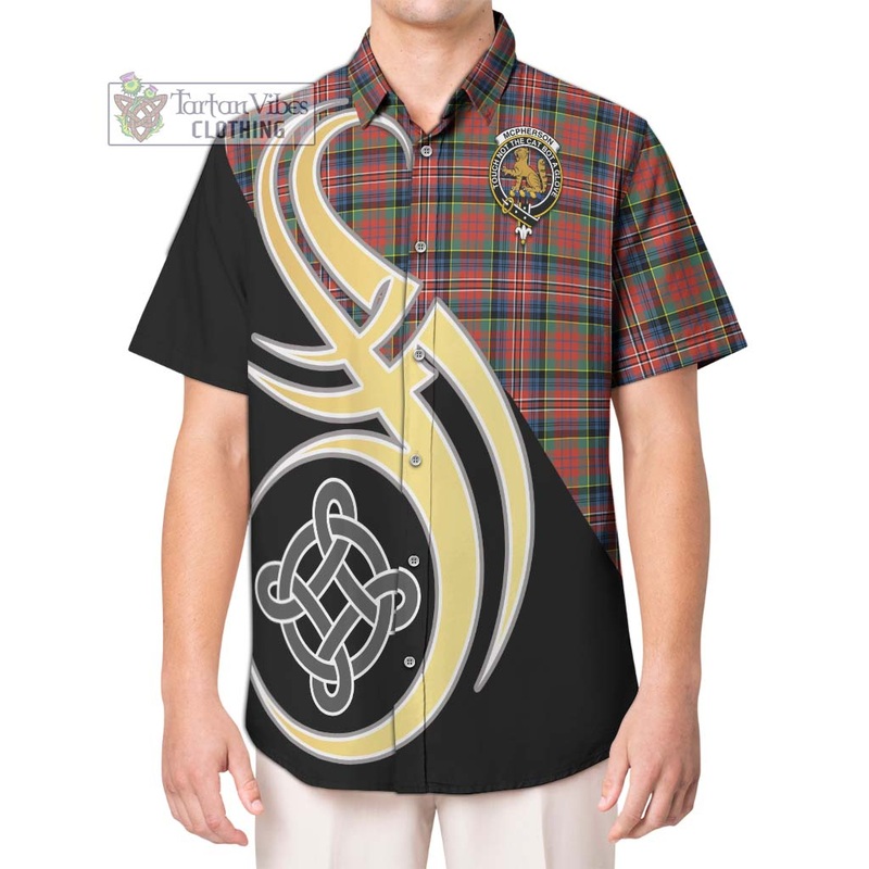 McPherson Ancient Tartan Short Sleeve Button Shirt with Family Crest and Celtic Symbol Style