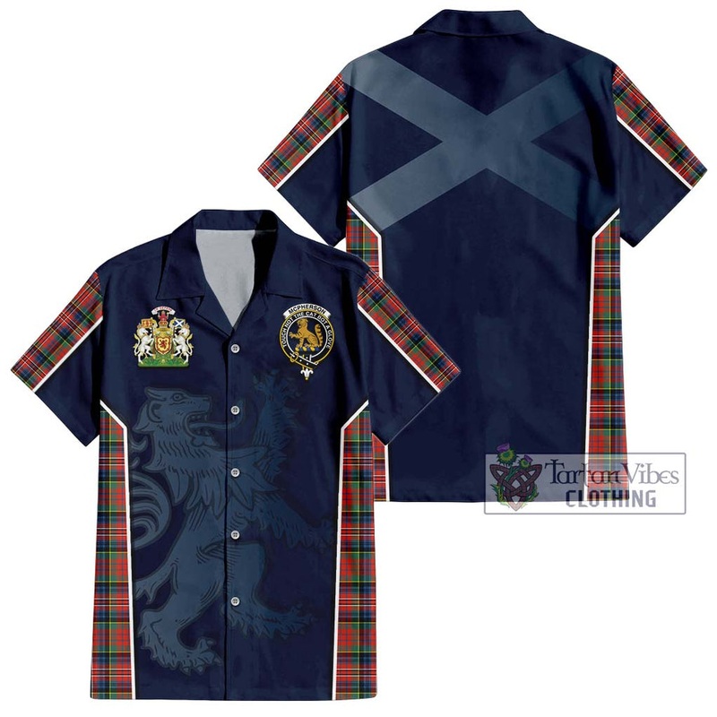 McPherson Ancient Tartan Short Sleeve Button Shirt with Family Crest and Lion Rampant Vibes Sport Style