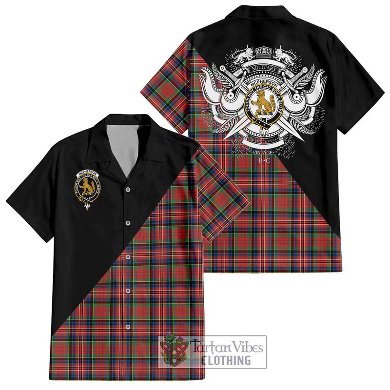 McPherson Ancient Tartan Short Sleeve Button Shirt with Family Crest and Military Logo Style