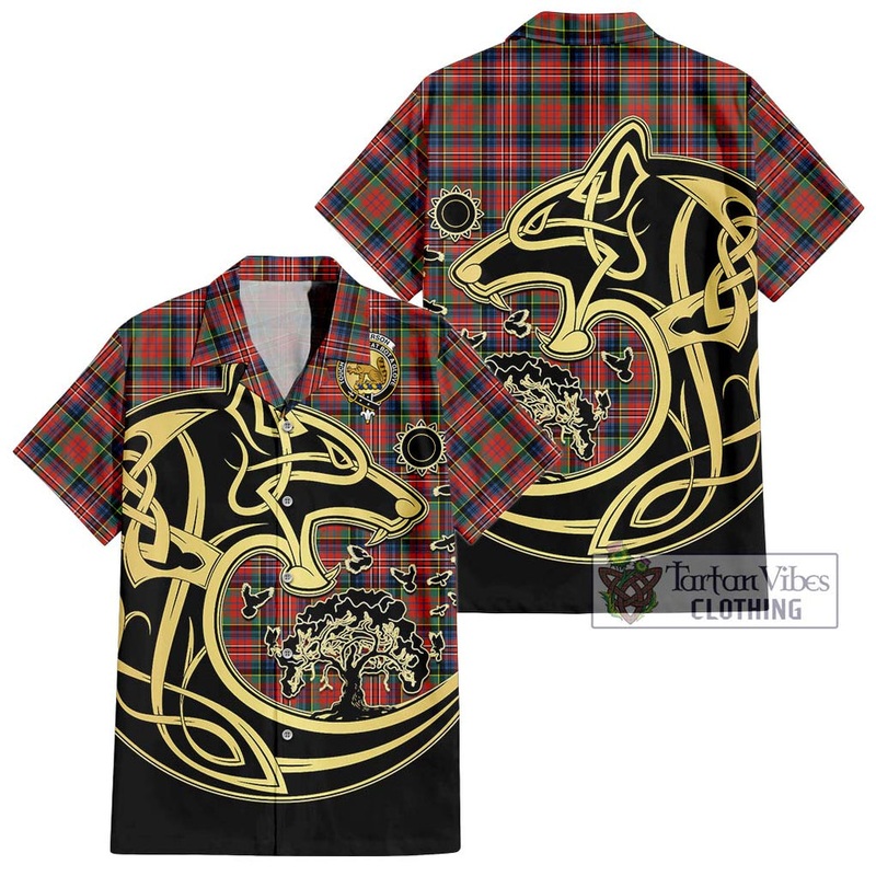 McPherson Ancient Tartan Short Sleeve Button Shirt with Family Crest Celtic Wolf Style