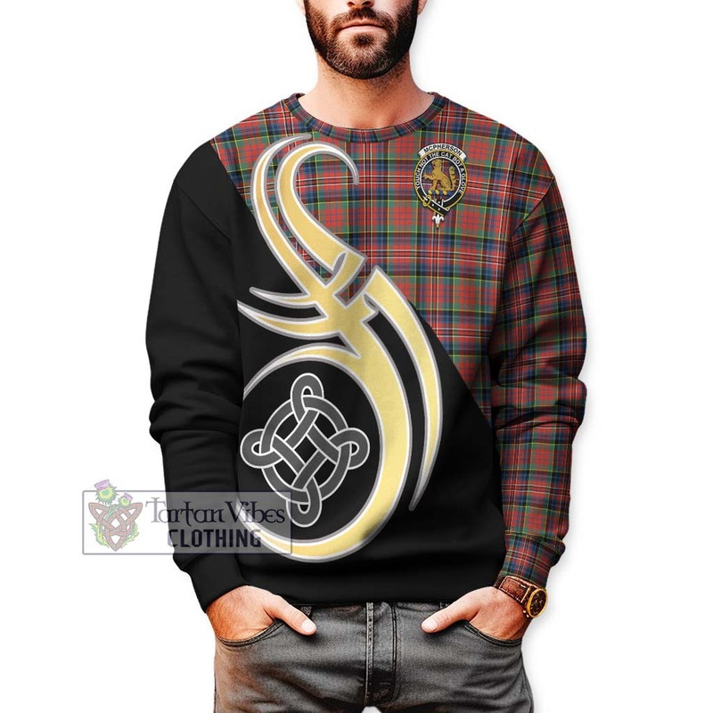 McPherson Ancient Tartan Sweatshirt with Family Crest and Celtic Symbol Style
