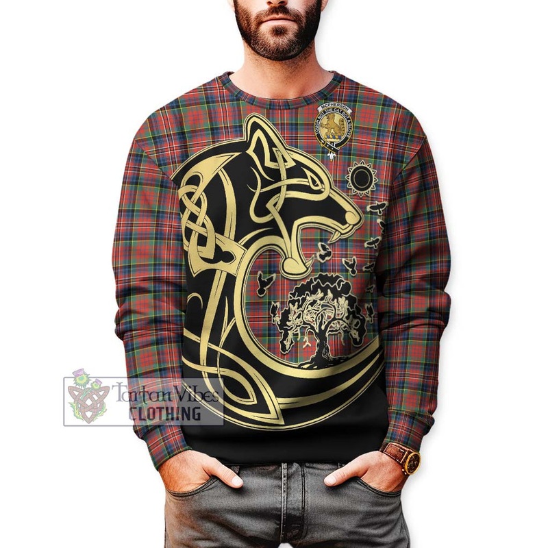 McPherson Ancient Tartan Sweatshirt with Family Crest Celtic Wolf Style