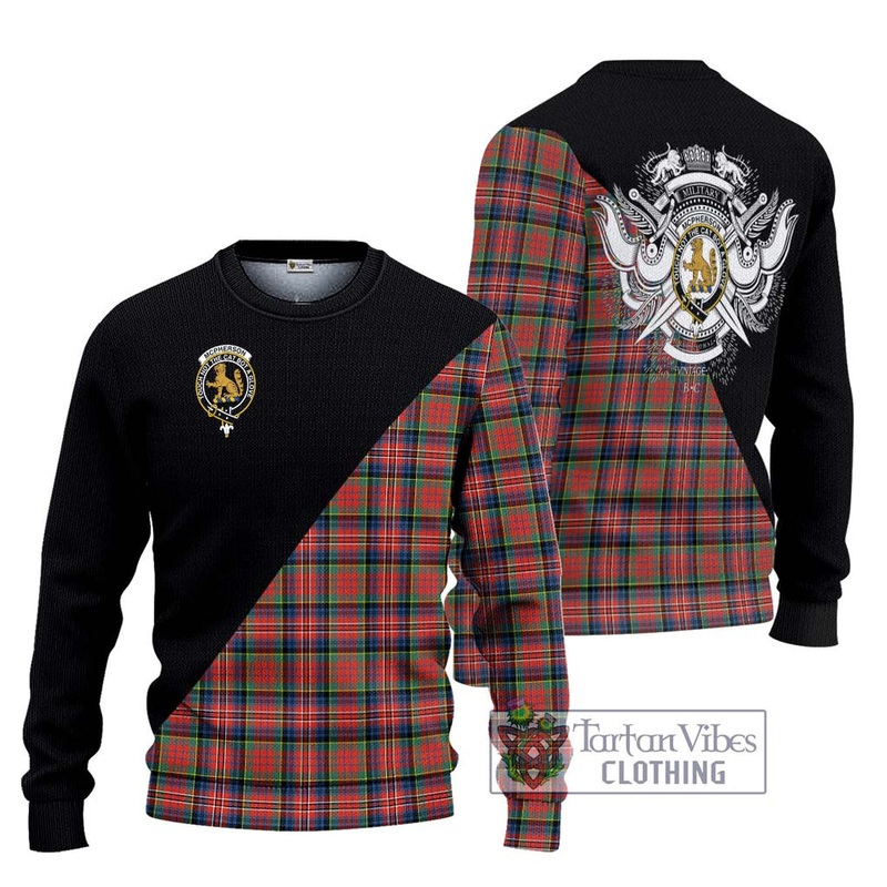 McPherson Ancient Tartan Ugly Sweater with Family Crest and Military Logo Style