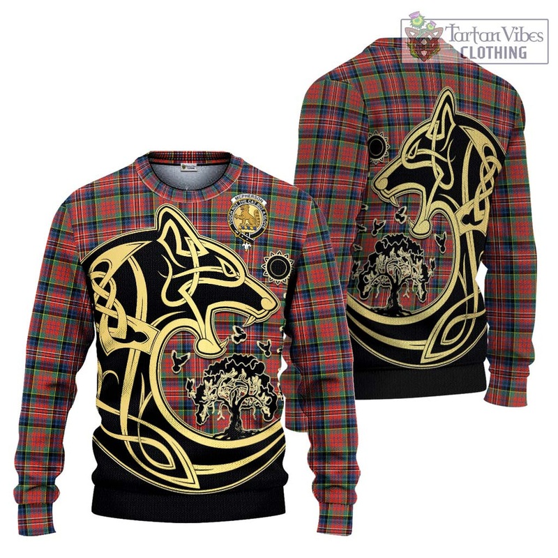 McPherson Ancient Tartan Ugly Sweater with Family Crest Celtic Wolf Style
