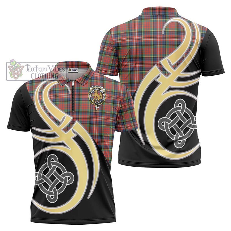 McPherson Ancient Tartan Zipper Polo Shirt with Family Crest and Celtic Symbol Style