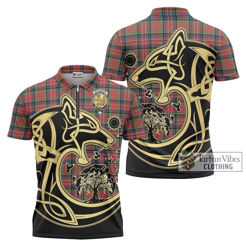McPherson Ancient Tartan Zipper Polo Shirt with Family Crest Celtic Wolf Style