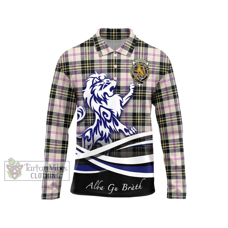 McPherson Dress Ancient Tartan Long Sleeve Polo Shirt with Alba Gu Brath Regal Lion Emblem