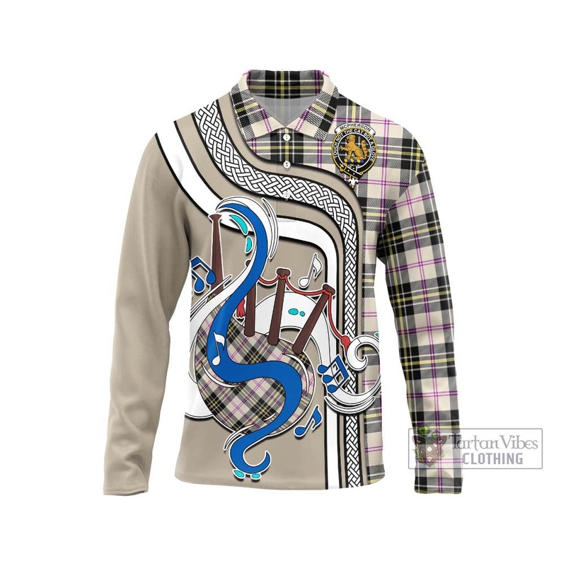 McPherson Dress Ancient Tartan Long Sleeve Polo Shirt with Epic Bagpipe Style