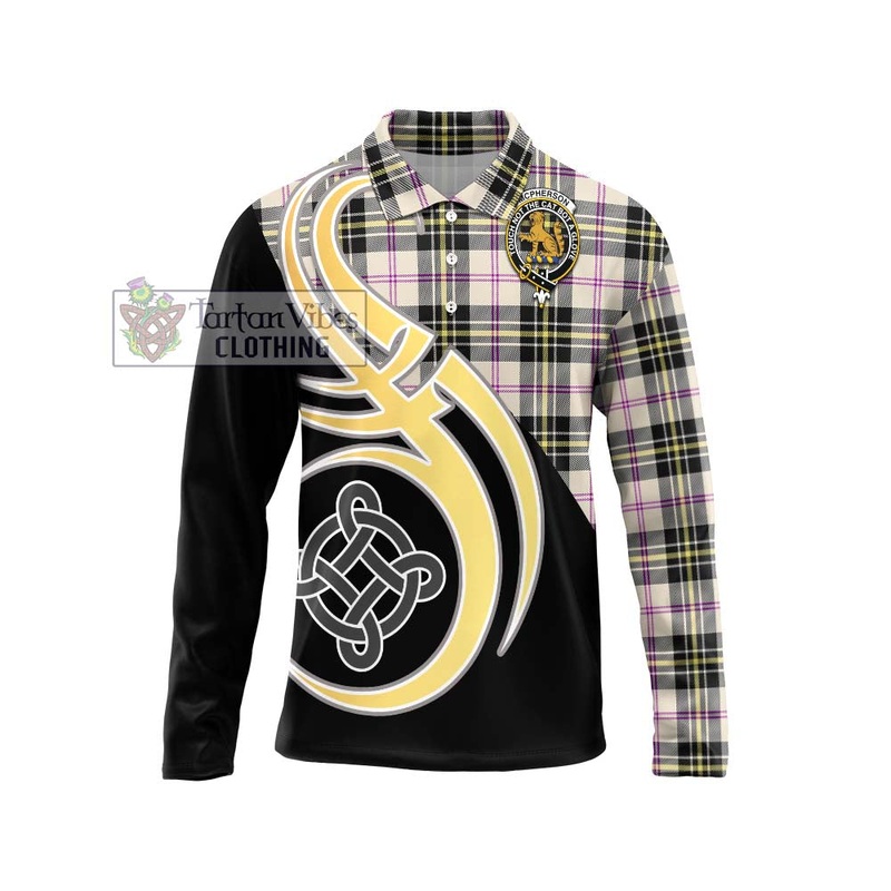 McPherson Dress Ancient Tartan Long Sleeve Polo Shirt with Family Crest and Celtic Symbol Style