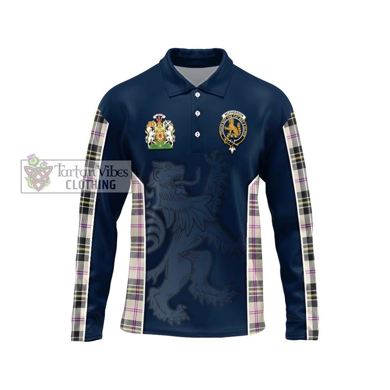 McPherson Dress Ancient Tartan Long Sleeve Polo Shirt with Family Crest and Lion Rampant Vibes Sport Style