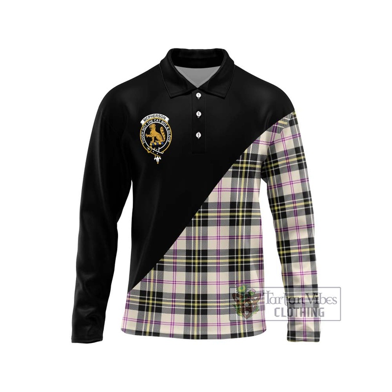 McPherson Dress Ancient Tartan Long Sleeve Polo Shirt with Family Crest and Military Logo Style