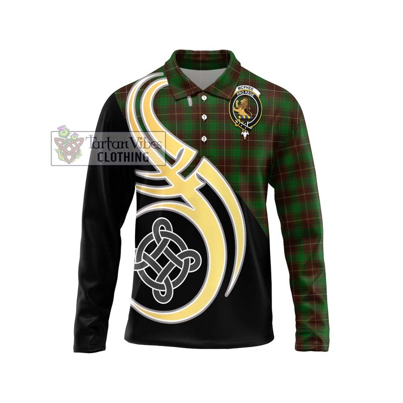 McPhee Hunting Tartan Long Sleeve Polo Shirt with Family Crest and Celtic Symbol Style