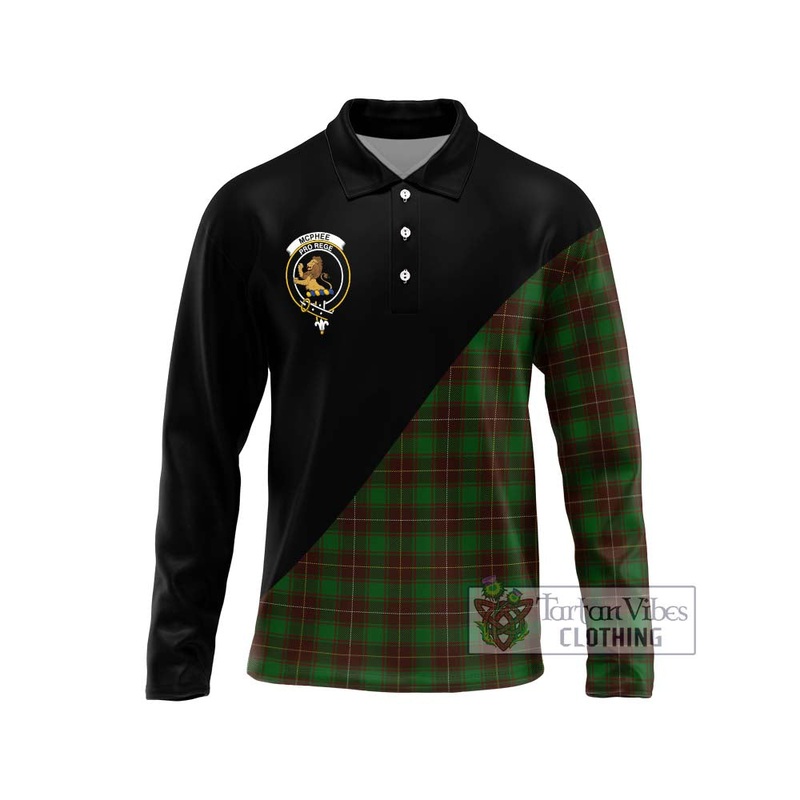 McPhee Hunting Tartan Long Sleeve Polo Shirt with Family Crest and Military Logo Style