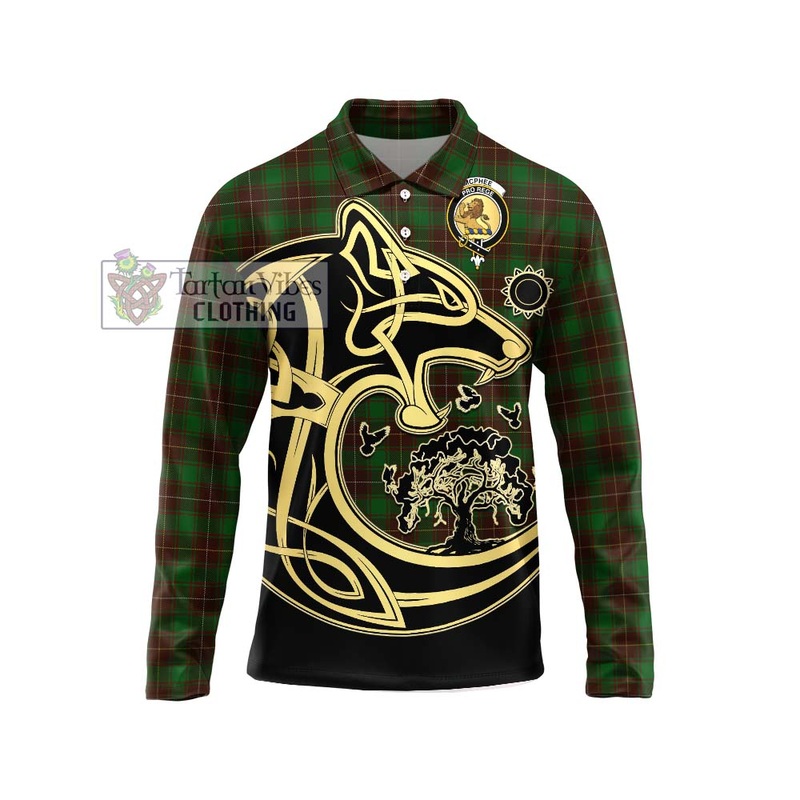 McPhee Hunting Tartan Long Sleeve Polo Shirt with Family Crest Celtic Wolf Style