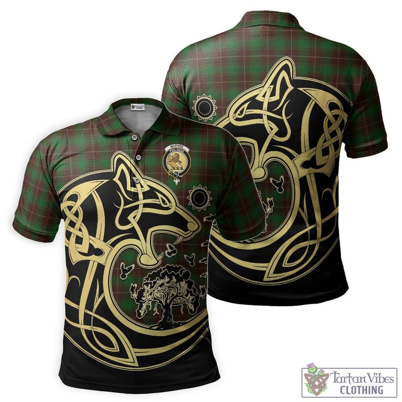 McPhee Hunting Tartan Polo Shirt with Family Crest Celtic Wolf Style