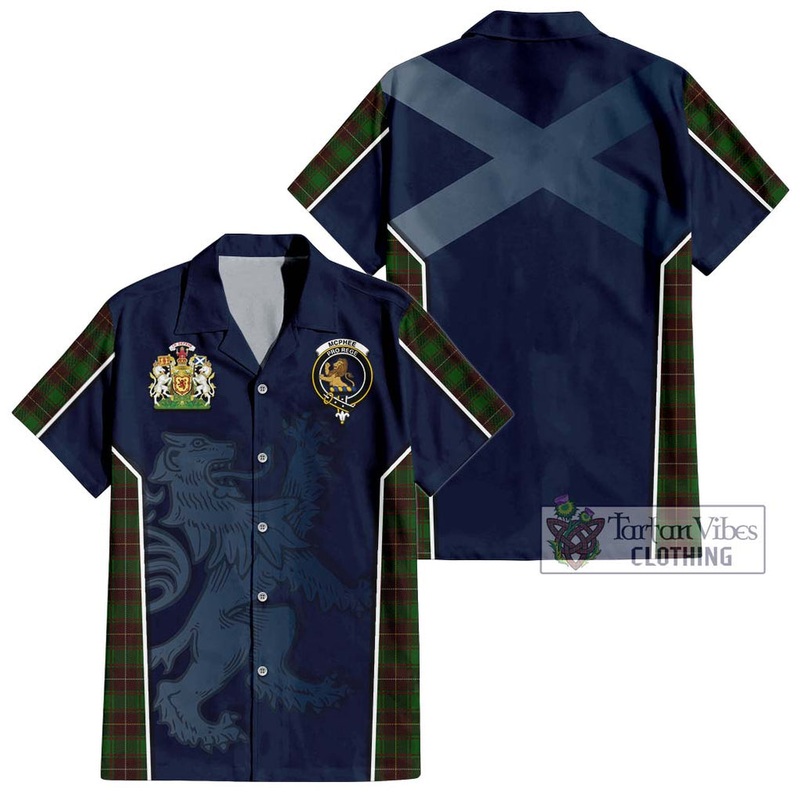 McPhee Hunting Tartan Short Sleeve Button Shirt with Family Crest and Lion Rampant Vibes Sport Style