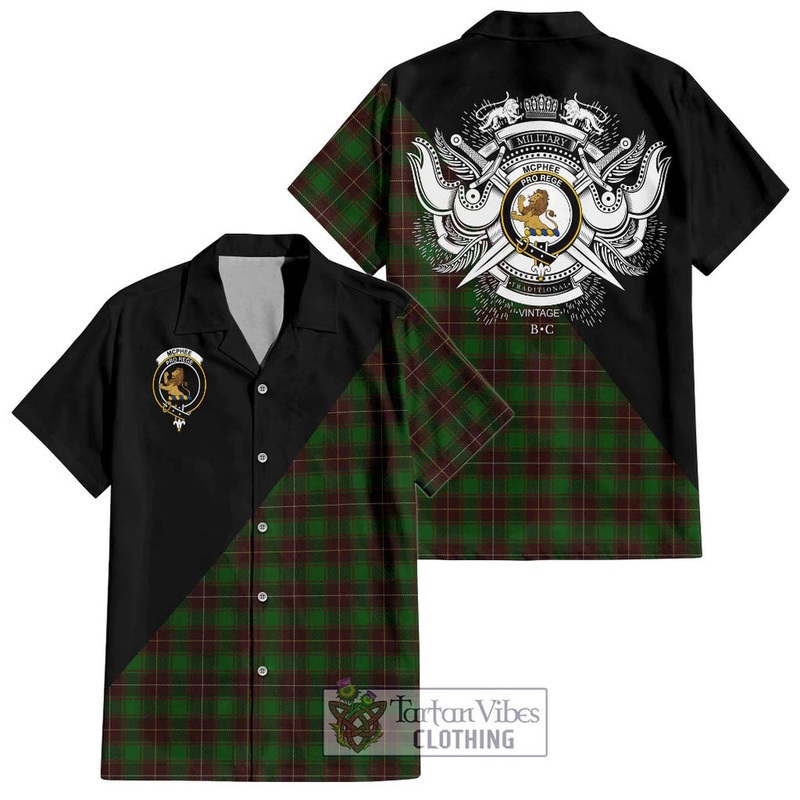 McPhee Hunting Tartan Short Sleeve Button Shirt with Family Crest and Military Logo Style