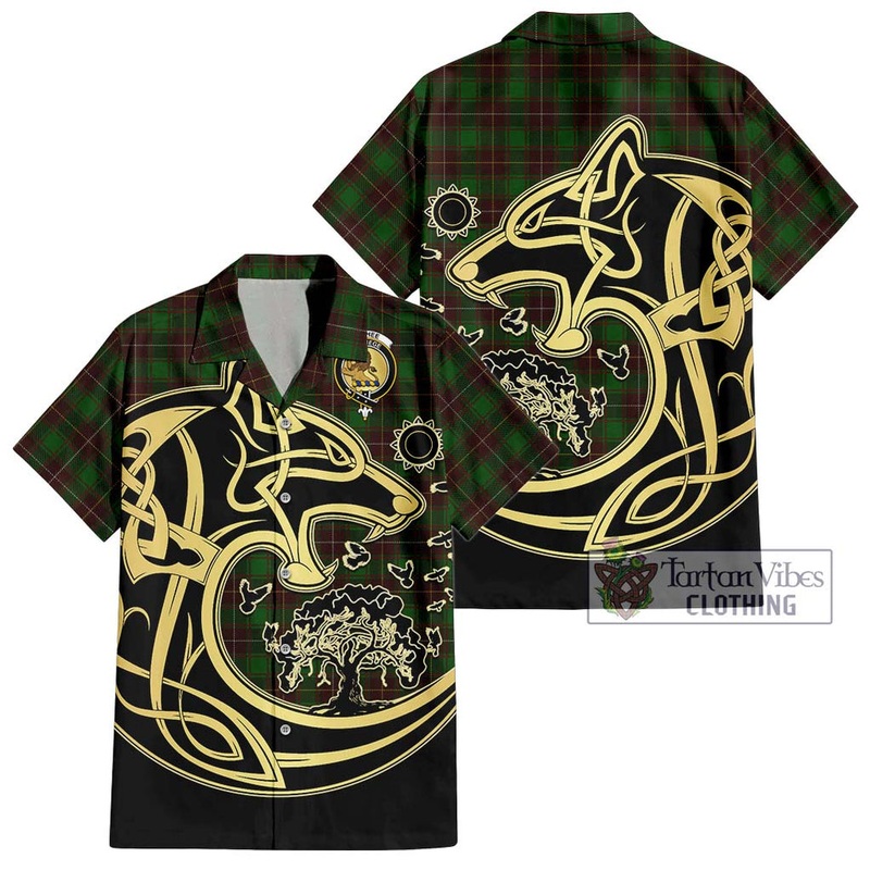 McPhee Hunting Tartan Short Sleeve Button Shirt with Family Crest Celtic Wolf Style