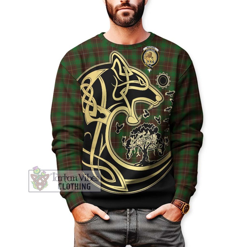 McPhee Hunting Tartan Sweatshirt with Family Crest Celtic Wolf Style
