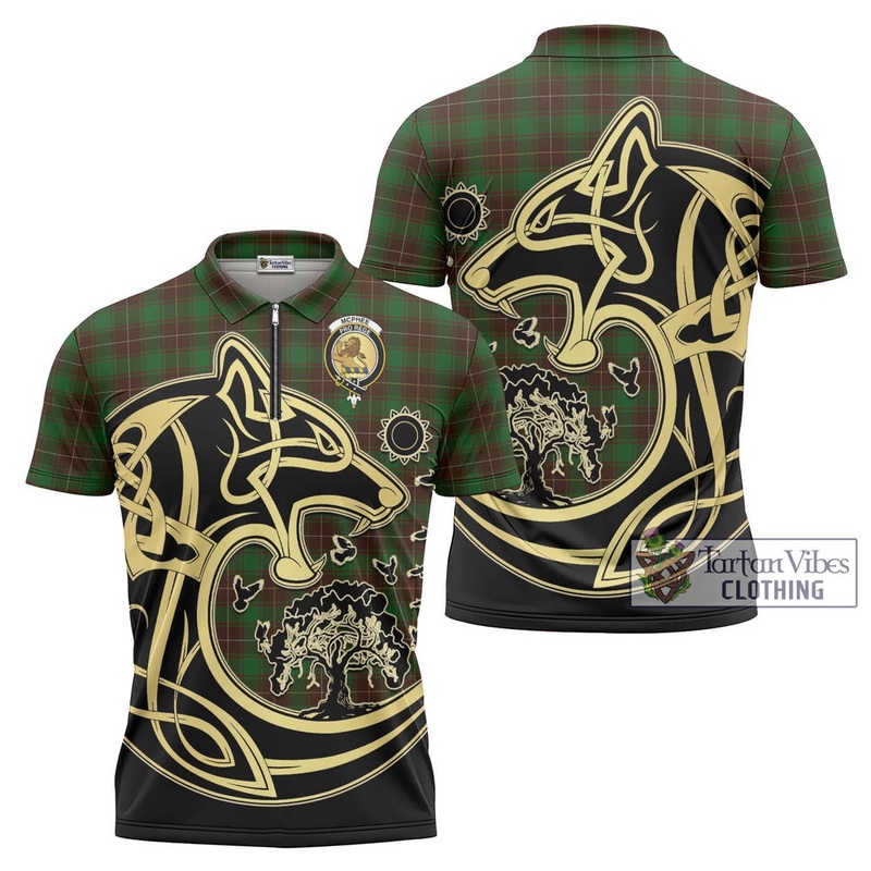 McPhee Hunting Tartan Zipper Polo Shirt with Family Crest Celtic Wolf Style