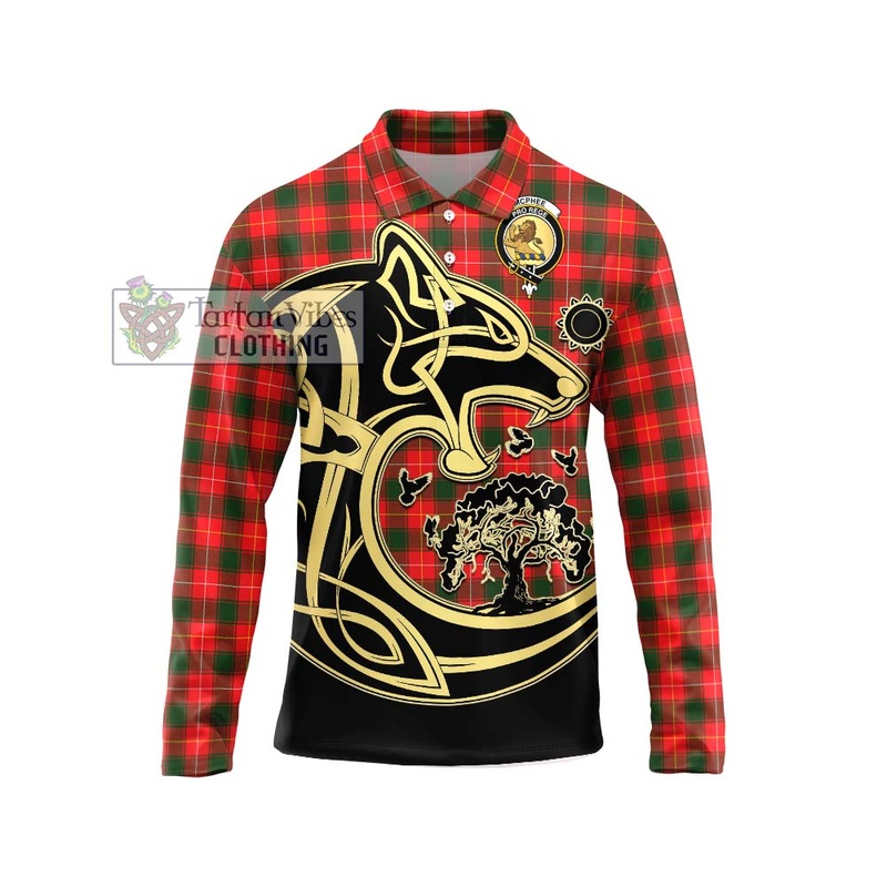 McPhee Modern Tartan Long Sleeve Polo Shirt with Family Crest Celtic Wolf Style